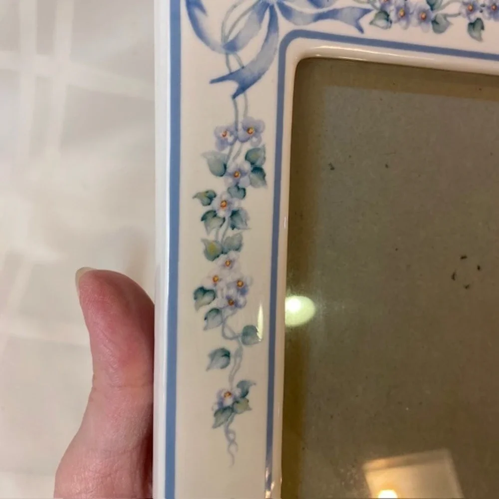 Vintage Ceramic Floral Picture Frame Blue Ribbon Bow 5x7 Tabletop Decor